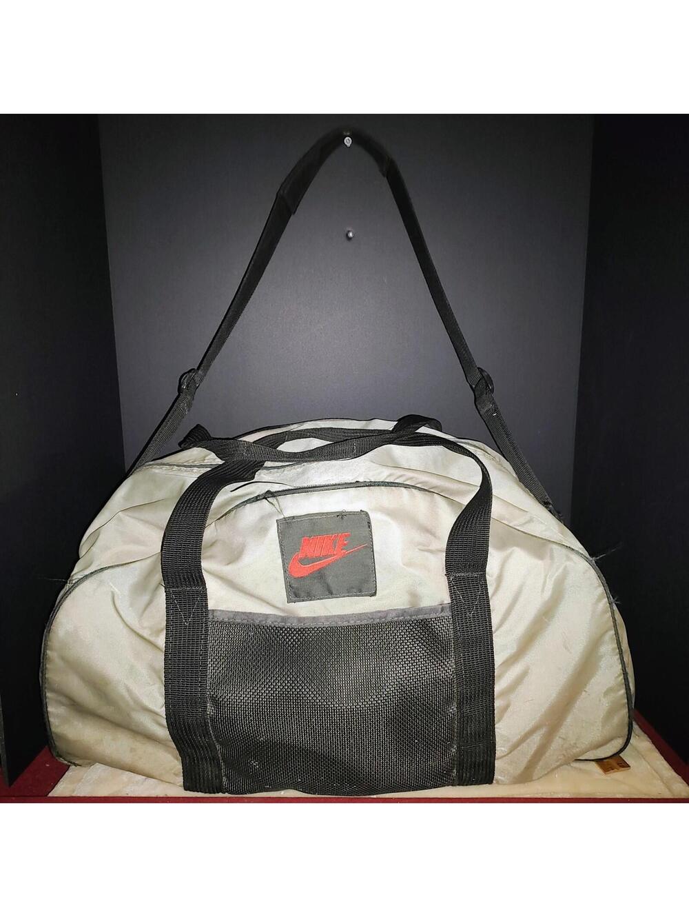 Vintage Nike Gym Duffle Bag Tan & Black w/ Red Swoosh White Tag 90s Basketball